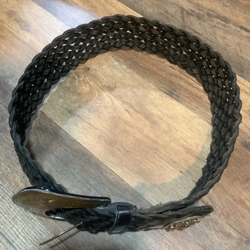 XS/SmallVintage Black Braided Leather Wide Belt With Ornate Carved Gold Buckle 0